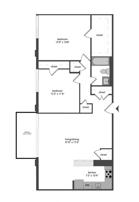 Floor plan for 2 beds, 1 bath, 1107 sqft